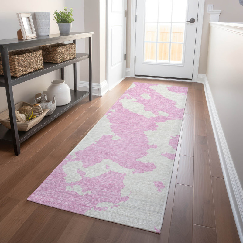 Pink Abstract Washable Synthetic Runner Rug 2'3" x 7'6"