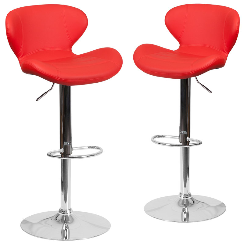 Guajardo Contemporary Vinyl Adjustable Barstool with Curved Back & Chrome Base, Red