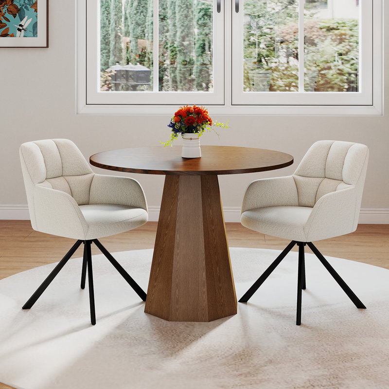 Ensemble de tables de salle à manger rondes de style Mid-Century avec chaises pivotantes, Noyer, 3 pièces: table, 2 chaises