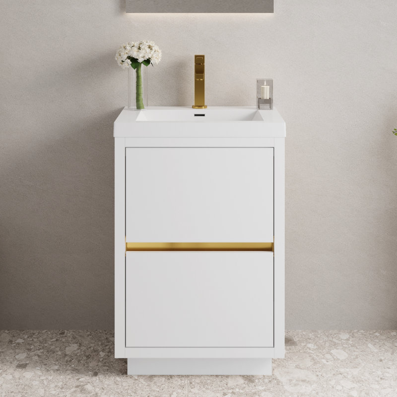 Meuble-lavabo simple autoportant 24 po de style moderne avec comptoir intégré en résine de pierre et lavabo, 2 tiroirs à fermeture en douceur