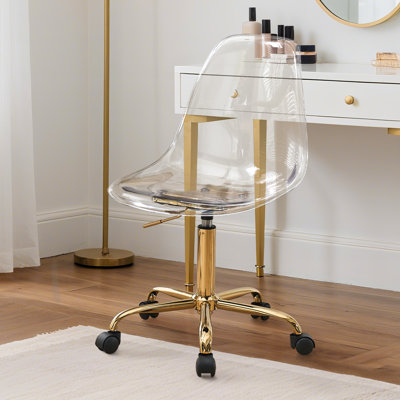 Clear Acrylic Desk Chair, Modern Small Acrylic Home Office Chairs with Wheels, Armless Swivel Vanity Rolling Chair for Office, Home,Gold