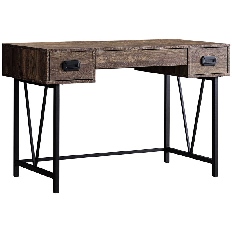 Bureau d'ordinateur brun en stratifié avec pieds en métal et tiroirs de rangement, longueur 48 po pour le travail à domicile, l 48 po