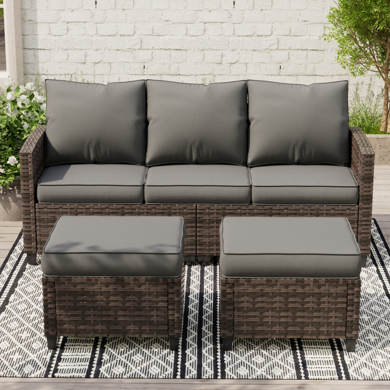 3-Person Patio Sofa With 2 Ottomans, Brown, Gray