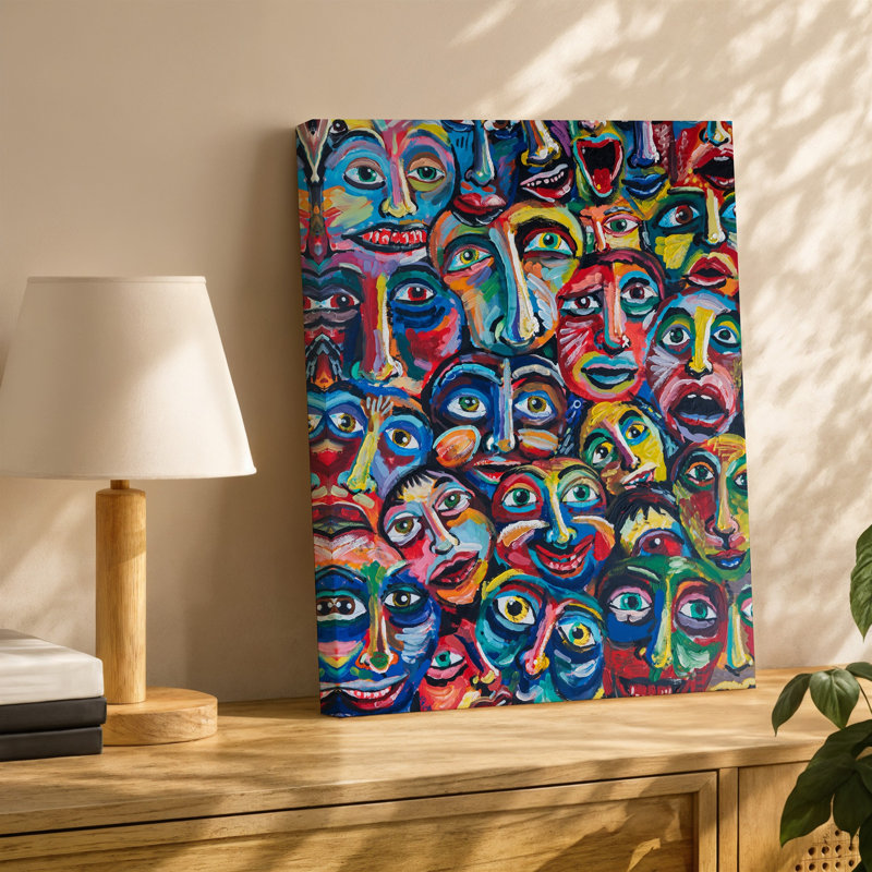 Toile «Un collage vibrant et chaotique de visages expressifs», art mural rendu dans des couleurs vives et des formes abstraites