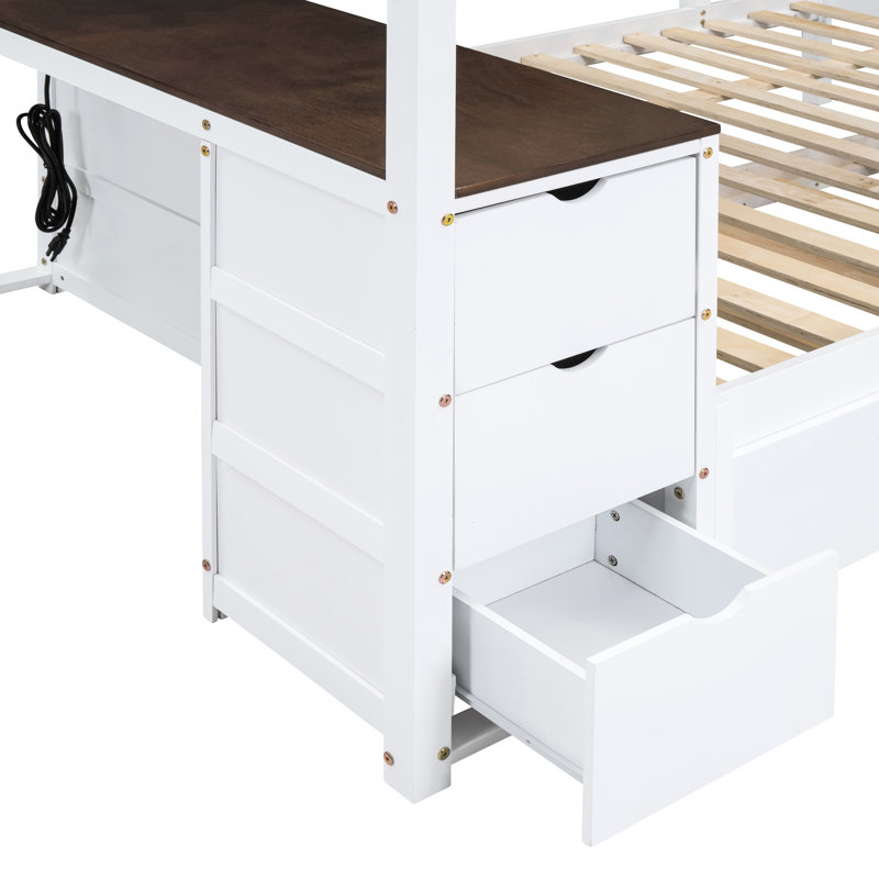 Lit superposé blanc + noyer avec lit gigogne simple, bureau pratique, rangement et rangement de taille, lit gigogne blanc / noyer