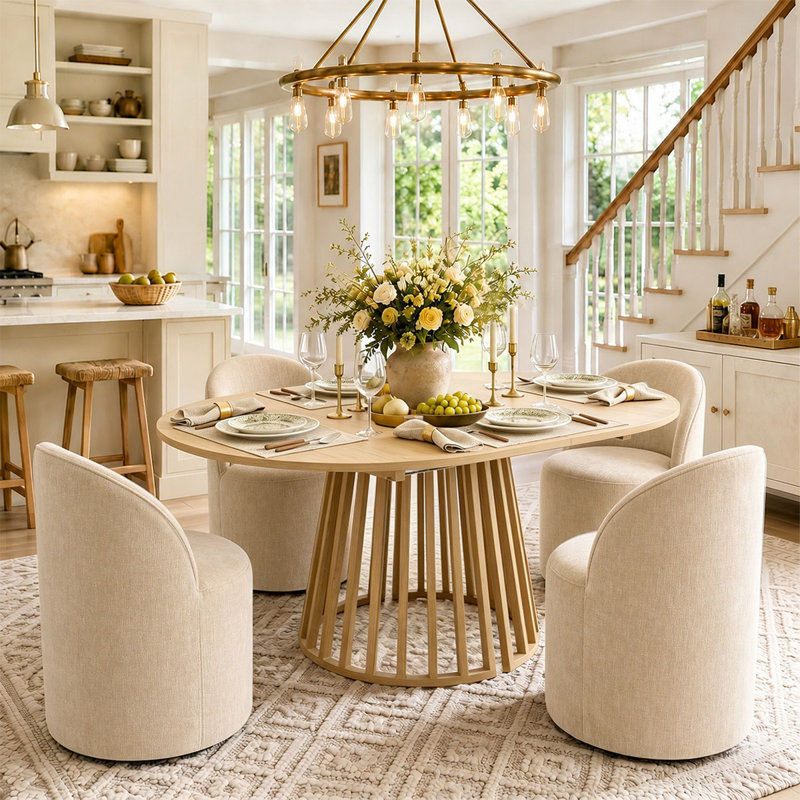4 - Person Dining Table Sets With Extendabe Oval Table & 4 Upholstered Chenille Rolling Chairs, Brie
