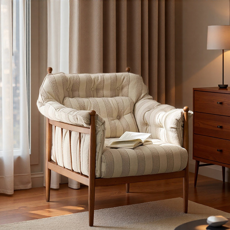 French Vintage Linen Armchair for Single Relaxing., Brown