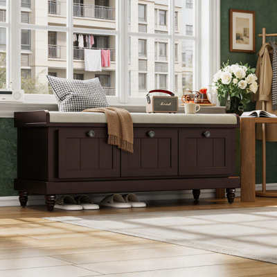 Banc à chaussures classique cannelé avec coussin et 3 tiroirs, banc de rangement pour le salon, l'entrée et les couloirs, espresso
