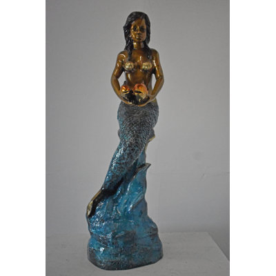 Statue en bronze de la collection de sirènes tenant deux poissons Nifao - taille: 14 po x 14 po x H 43 po.