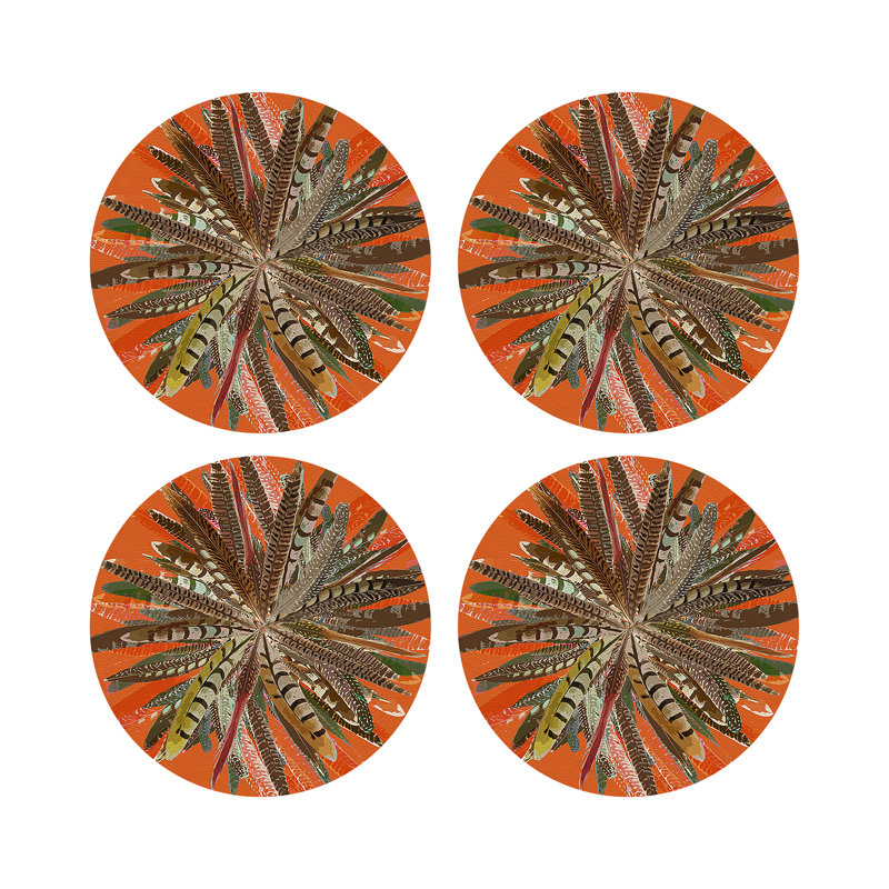 Pheasant Feathers Vegan Leather Round Pebble Placemat, Orange