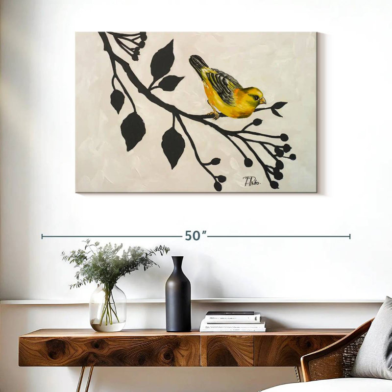 Brampt oiseau jaune sur la branche I, H 26 po x l 39 po