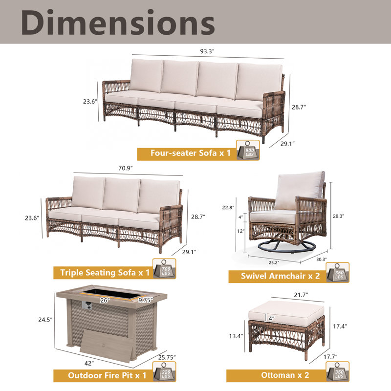 Charay 7 Piece - Outdoor Wicker Patio Set with Fire Pit Table & Swivel Chairs