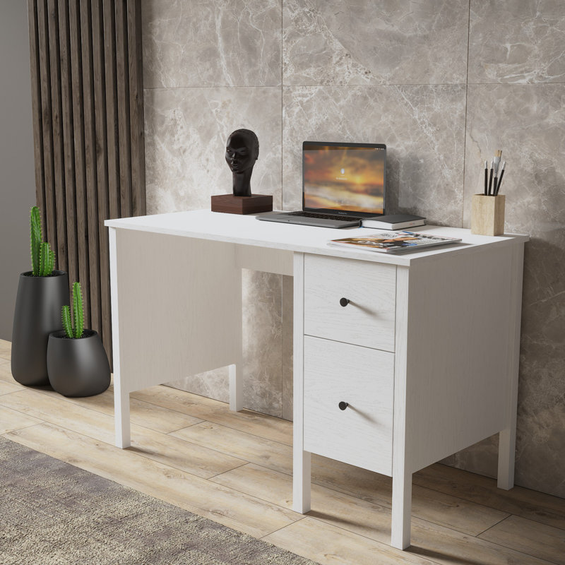 Modern Study Desk with MDF Frame, White & Wood Finish, 47.2 x 29.5 x 23.6 inches | 100% Chipboard with 0.7 inch Thickness | Durable Metal Handle, Perfect for Home Office or Study Spaces, Stylish & Functional Design