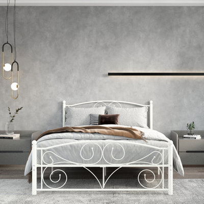 White Metal Bed Frame Of Full Size, Unique Flower System, Quiet Operation, 600 Lbs Capacity, Fits 8 - Inch Mattress Size Made Metal, Easy Assembly, Compatible With All Types