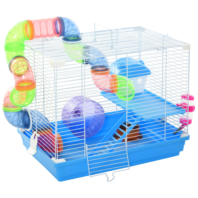 Aire de jeu bleue de 45 cm (18 po) pour hamsters et souris, avec roue et biberon. Parfait pour créer un espace de vie confortable et amusant.