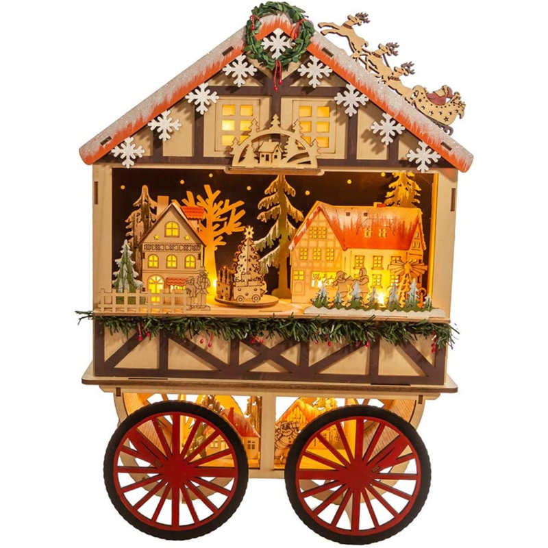 Illuminez un chariot musical en bois avec le père Noël et le village de Noël
