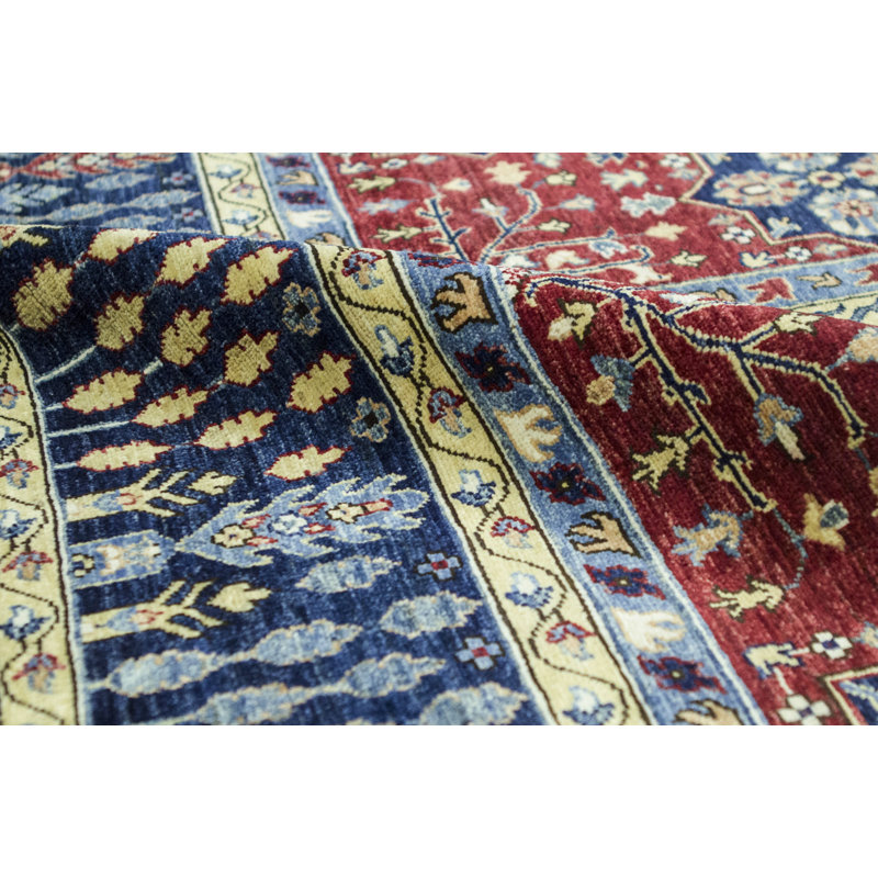 Tapis rouge et bleu noué à la main de haute qualité