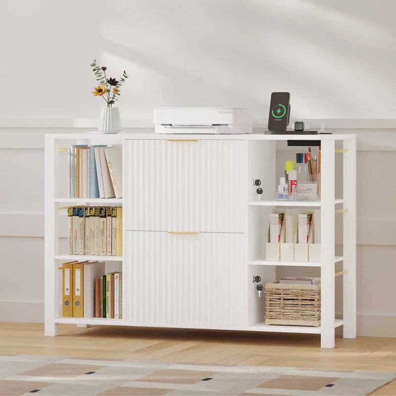 Luxury 2-Drawer Filing Cabinet With Lock, Fluted Wood Doors & Open Display Shelves – Modern Designer Office Storage Console