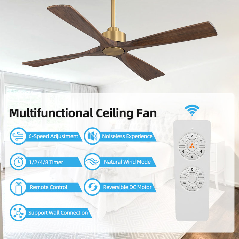 52 In. 4 Solidwood Dried Rose Blades Dc Motor Indoor Standard Ceiling Fan With Remote Downrod, 54, Dried Rose, Gold