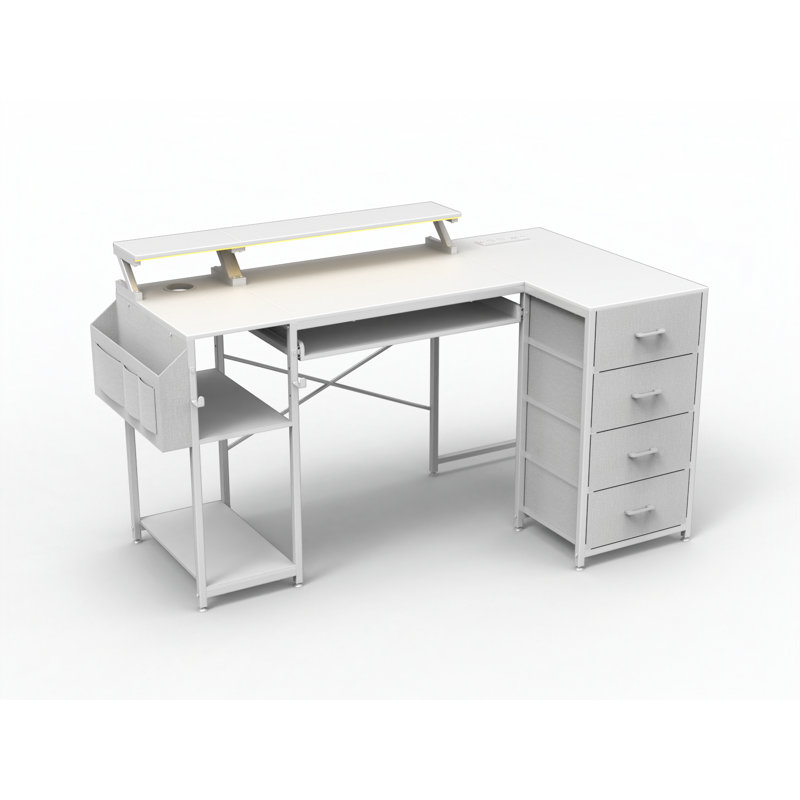 Bureau en L avec 4 tiroirs, plateau à clavier et lumières DEL, bureau d'ordinateur en coin avec station de charge pour le bureau personnel et les jeux