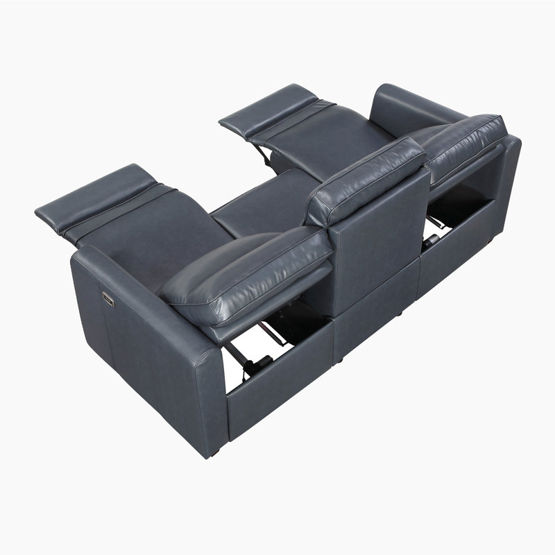 Canapé inclinable électrique double en similicuir de 84 po Tavian, Accoudoirs en similicuir arrondis bleu marine