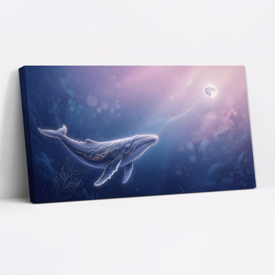Glowing Blue Whale Swimming Under Moon Canvas Wall Art