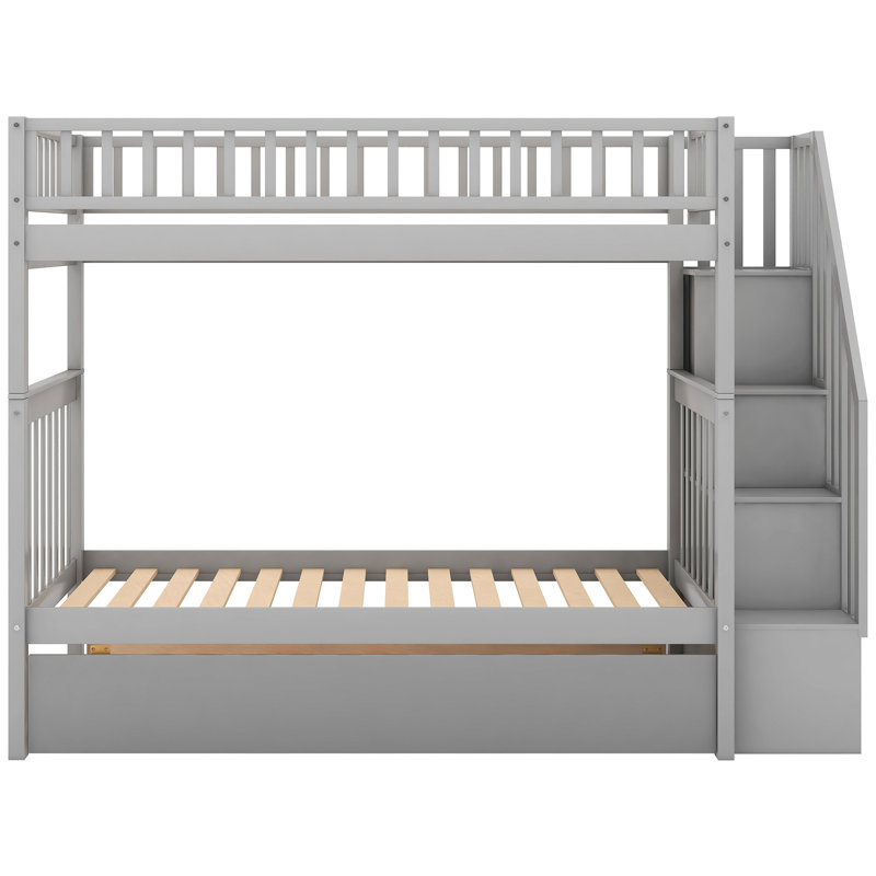 Lit simple superposé avec lit gigogne et rangement, finition grise, lattes de bois pour supporter le matelas