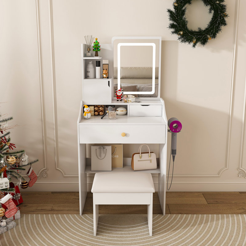 Bureau de coiffeuse avec miroir à DEL 3 couleurs, tabouret et station de charge, Blanc