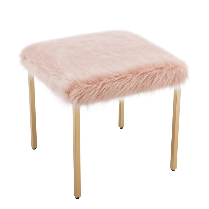 18-Inch Square Faux Fur Vanity Stool With Gold Metal Legs, Glam Upholstered Accent Chair For Bedroom, Dressing Room, Living Room (Blush/White Option)