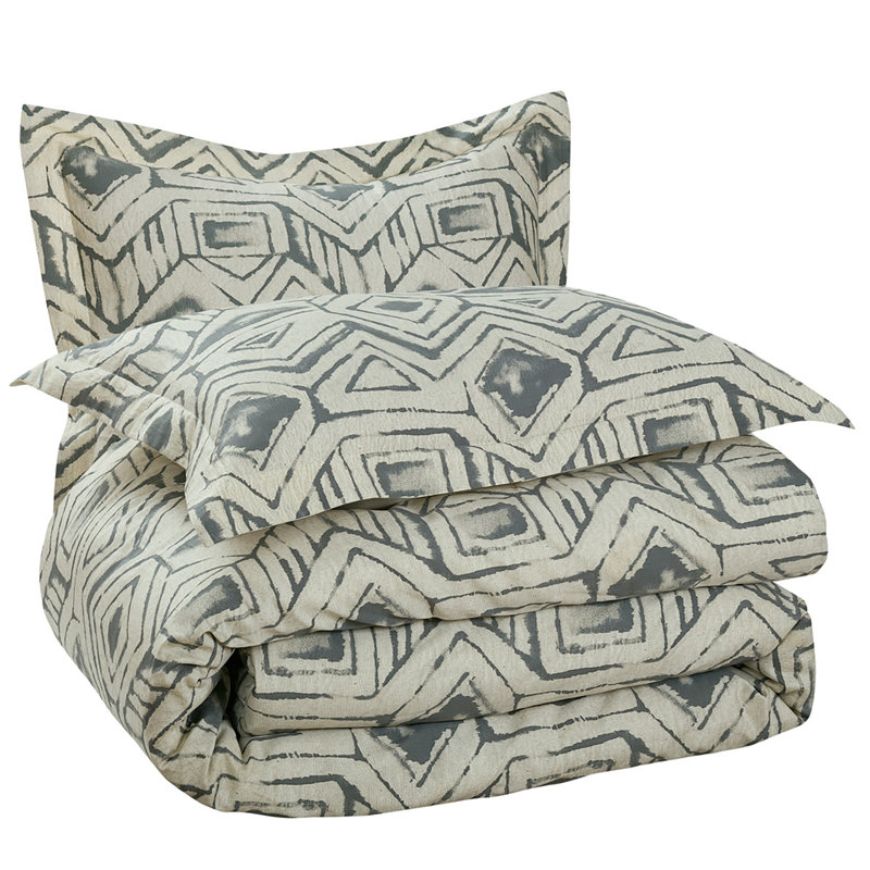Mali Gray Standard Cotton Reversible 3 Piece Comforter Set, Queen Comforter + 2 Standard Shams