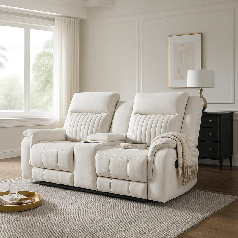 Causeuse inclinable manuelle avec porte-gobelet Lenny, microfibre beige, Beige