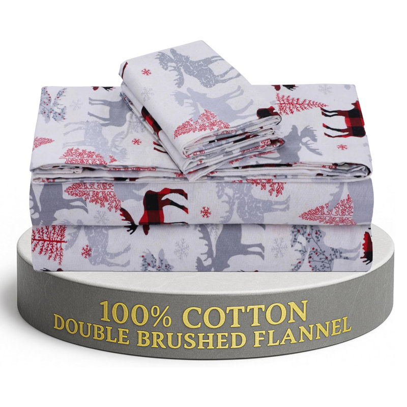 Flannel Sheets Set Double Brushed, Full Sheet Set + Fitted Sheet + 2 Pillowcases, Red Deer