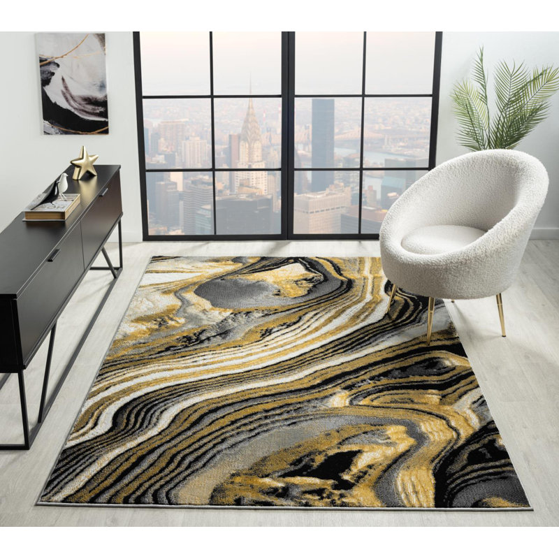 Nason Collection Abstract Black/Gold Area Rug,, Rectangle 5'2" x 7'5"