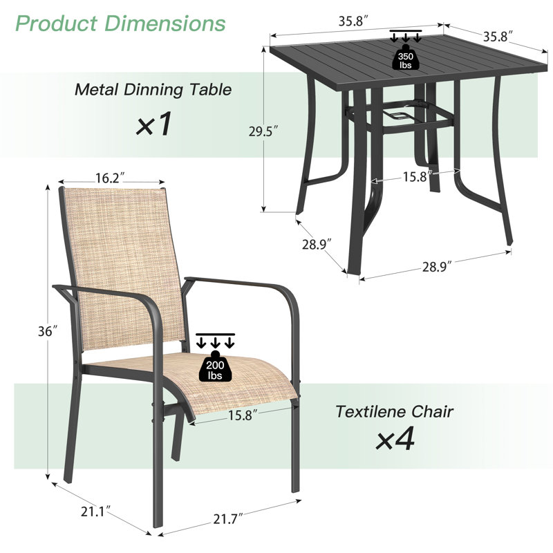 5 Piece Patio Dining Set, Outdoor Dining Table And Chairs Set For 4, 4 PVC-coated polyester Chairs, 1 Iron Square Table With Umbrella Hole, Patio Furniture Set For Deck, Backyard, Lawn, Poolside,