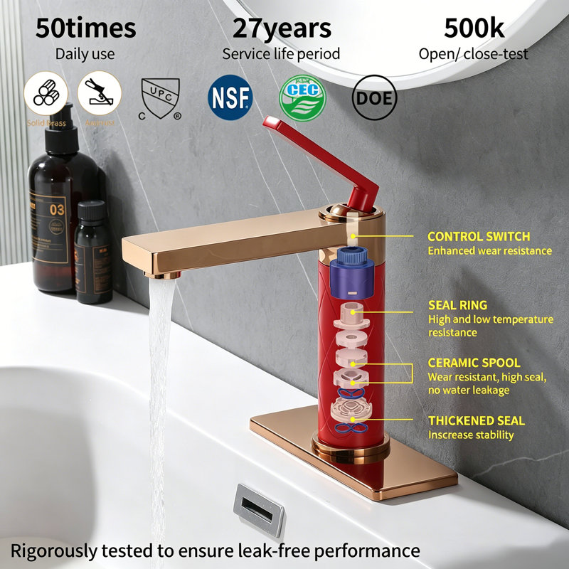 Weshi Single Hole Waterfall Bathroom Faucet, Brushed Rose Gold, With Pop-up Drain