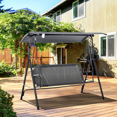 3 balançoires de patio, acier gris, patins antidérapants, auvent réglable pour la protection contre le soleil et la pluie, balancelle d'extérieur confortable, gris, avec structure en acier stable, parasol inclinable, convient à 3 adultes, cour arriè