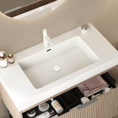 Rectangular Undermount Basin 36" Bathroom - White Solid Surface, Modern Scandinavian Design, Scratch Resistance, Wear Easy Cleaning, Faucet Hole And Overflow, Sink Cover & Expandable Drain Pipe
