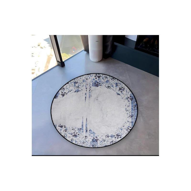 White Blue Theme Abstract Motif Patterned Round Woven Base Vintage Decorative Carpet, Round 3'4"