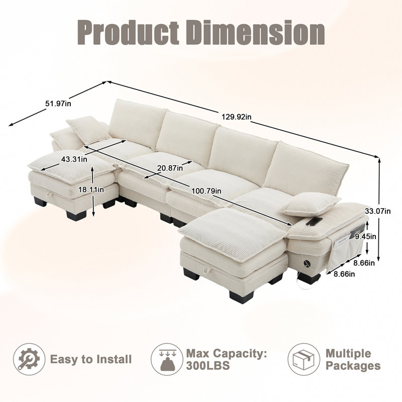 Canapé modulaire modulaire, canapé à assise profonde, canapé en velours côtelé, meubles rembourrés confortables pour le salon, appartement, studio, bureau, ayant plusieurs combinaisons