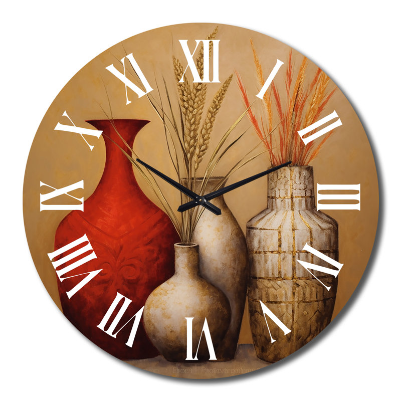 Horloge murale nature morte or rouge avec fleurs de blé, Très grand