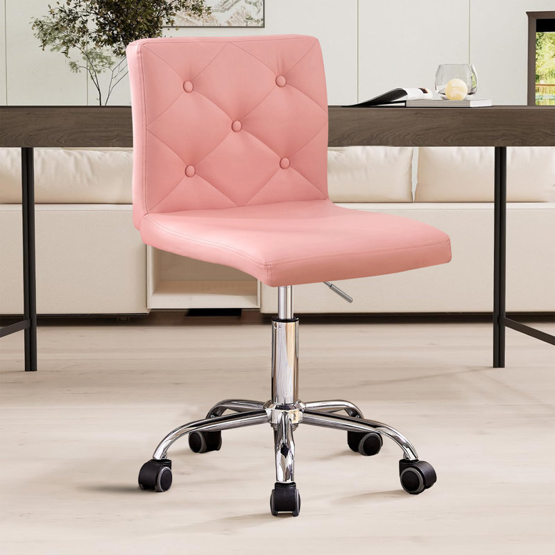 Lavdi Pink Armless Office Desk Chair Modern Tufted Task Chair Faux Leather Upholstered Computer Chair with Adjustable Seat Height