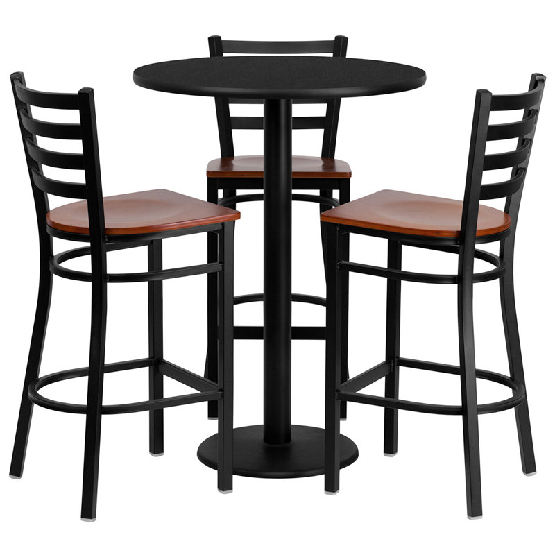 Clark 30" Round Laminate Table Set with 3 Metal Barstools - Cherry Wood Seat