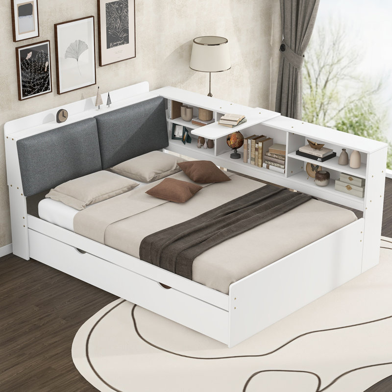 Lit de jour avec couchette, tablettes et tête de lit, Blanc, Double