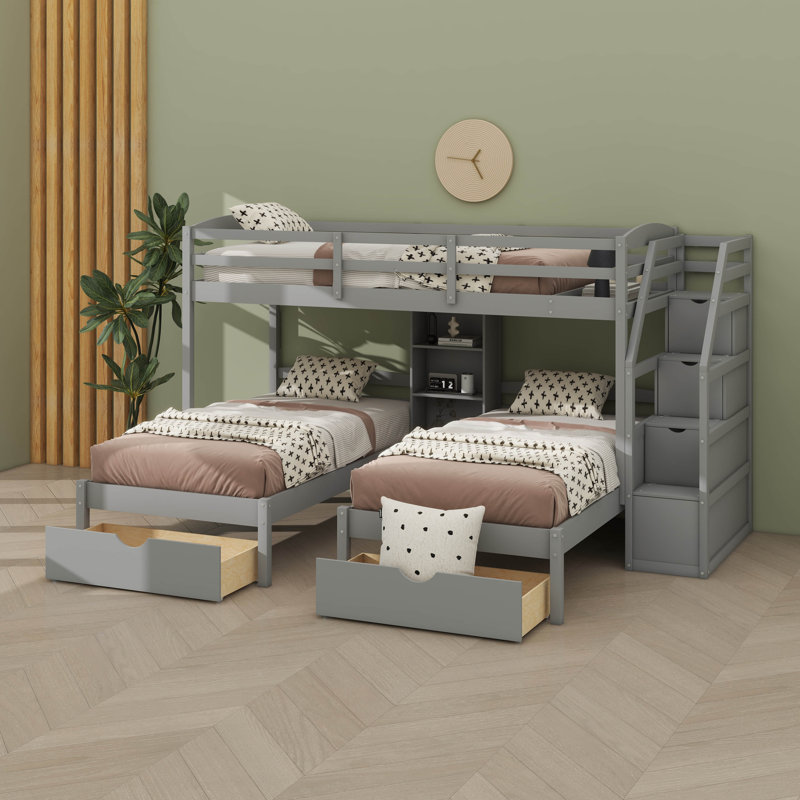 Lit superposé simple au-dessus de simple et triple couche, avec tiroirs, escalier de rangement inclus et étagère intégrée