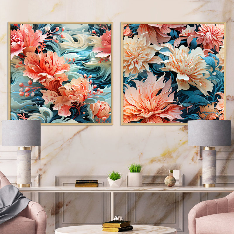 Midland - Floral Square Collage Set Of 2, Brown Floater Framed, 30" H x 61" W