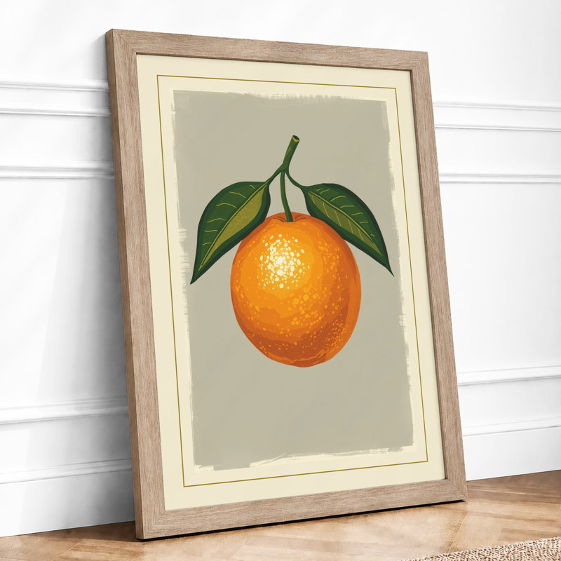 Single Orange with Leaves Botanical - Framed Print, Oak, A4 - 29.7 x 21.0 cm