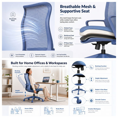 Chaises de travail de bureau, chaise de bureau en tissu maillé, dossier haut respirant et pivotant à 360 °, support lombaire réglable à 7 niveaux et hauteur réglable pour une étude de tâche pour adolescents, bleu