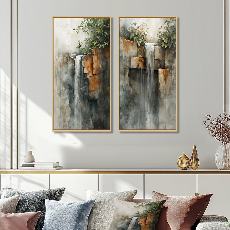 Chute d'eau Oasis I - Ensemble de 2 pièces d'art mural en cascade, Érable, H 28 po x l 24 po, Impression encadrée