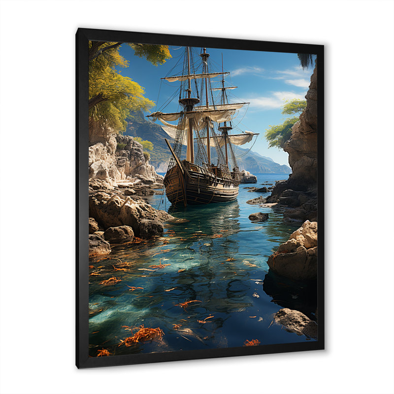 Bateau pirate tropical caché sur toile, Cadre photo noir, H 44 po x l 34 po x P 1,5 po