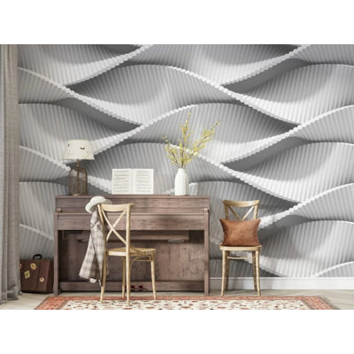 3D Crosshatch Wave Geometric Wallpaper – Sculptural White Woven Ribbon Relief Pattern